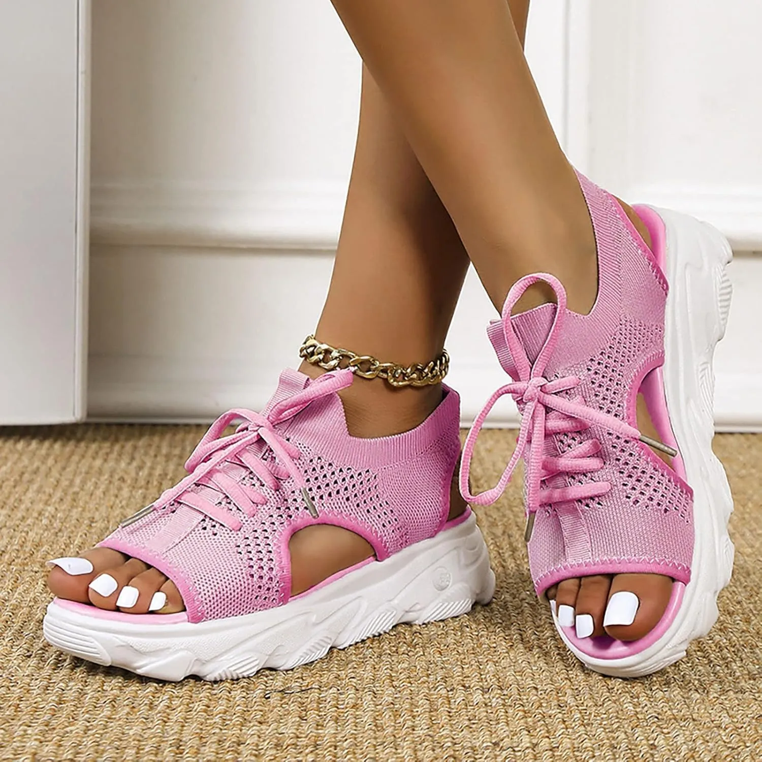 Cathalem Orthopedic Wedge Sandals for Women Summer Dressy Women Sandals Mesh Casual Thick Soled Lace Up Sandals Outdoor Shoes