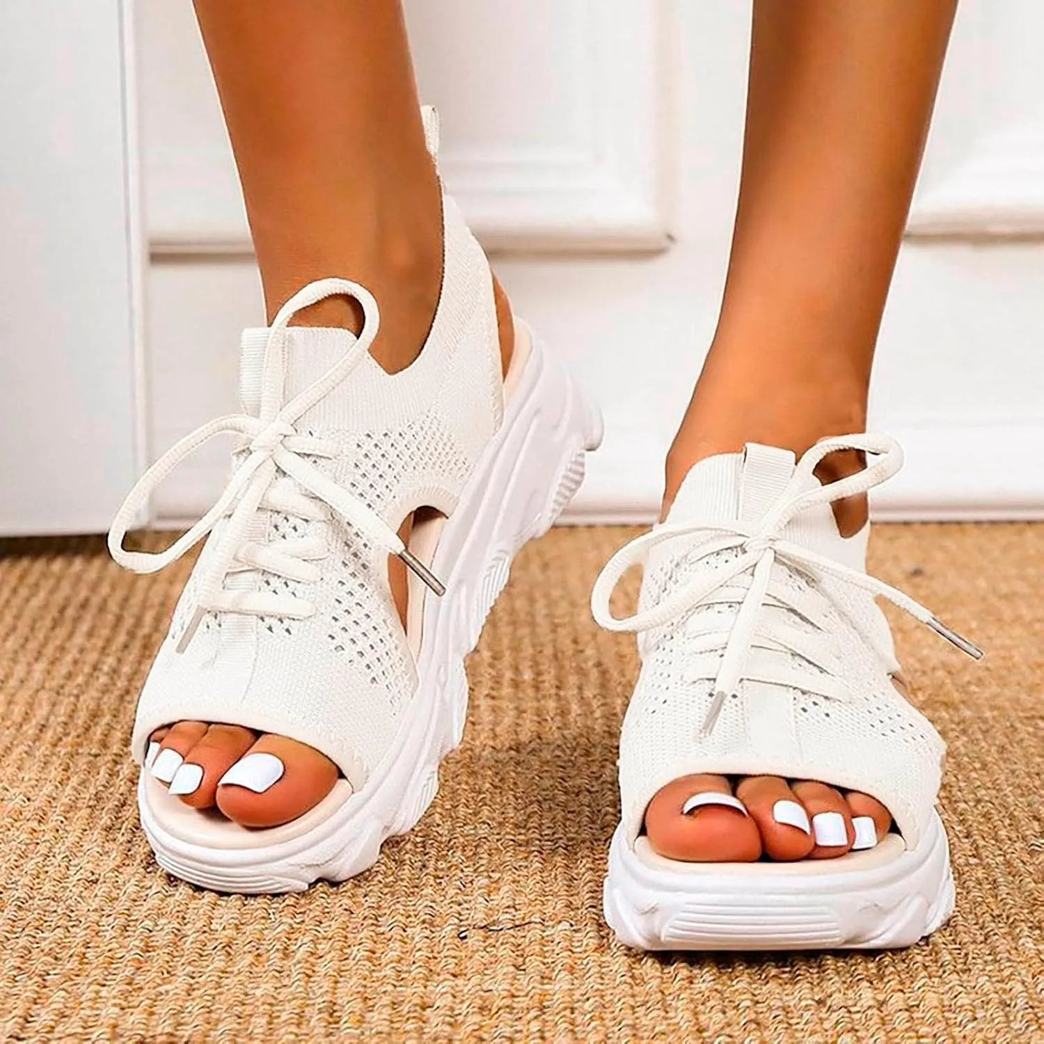 Cathalem Orthopedic Wedge Sandals for Women Summer Dressy Women Sandals Mesh Casual Thick Soled Lace Up Sandals Outdoor Shoes