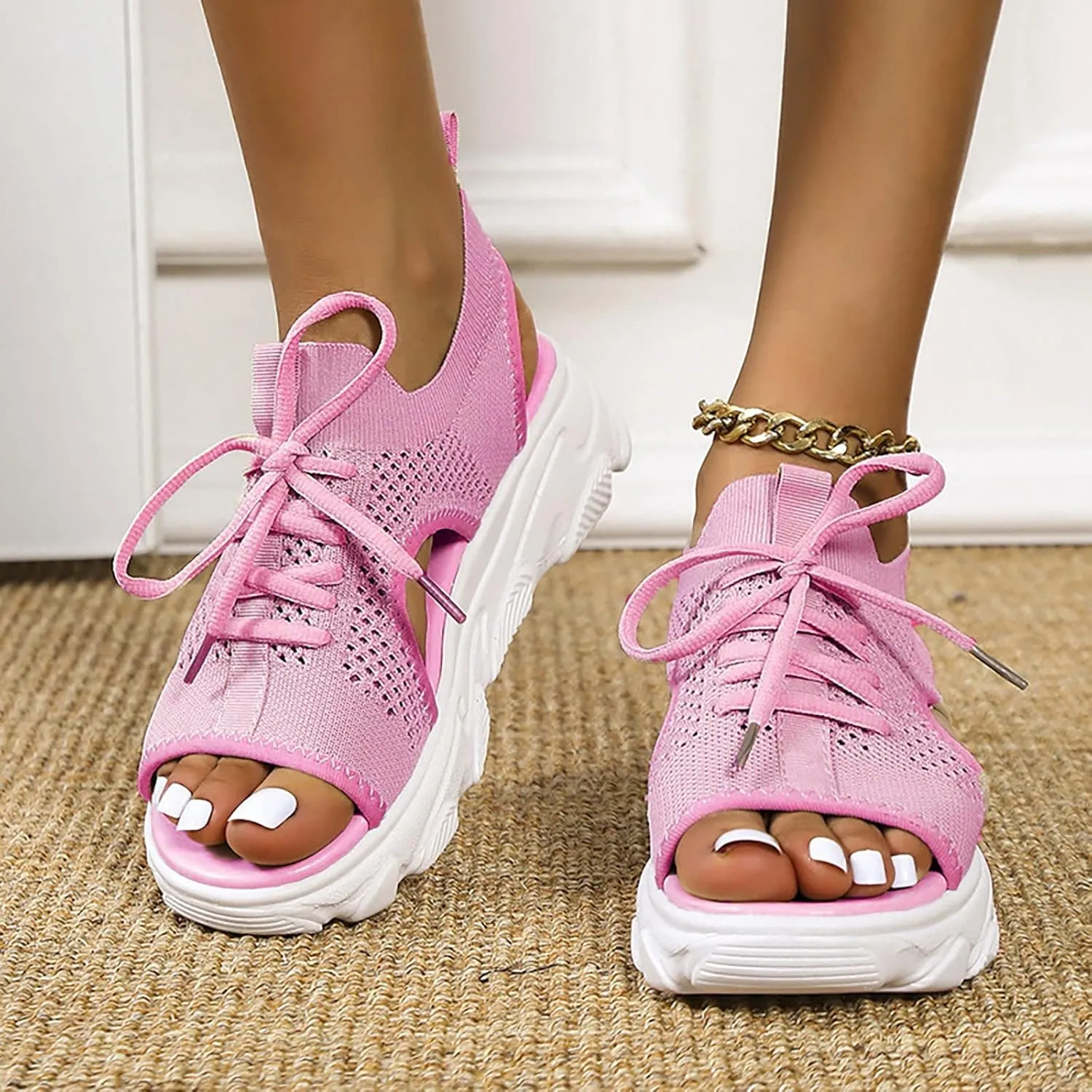 Cathalem Orthopedic Wedge Sandals for Women Summer Dressy Women Sandals Mesh Casual Thick Soled Lace Up Sandals Outdoor Shoes