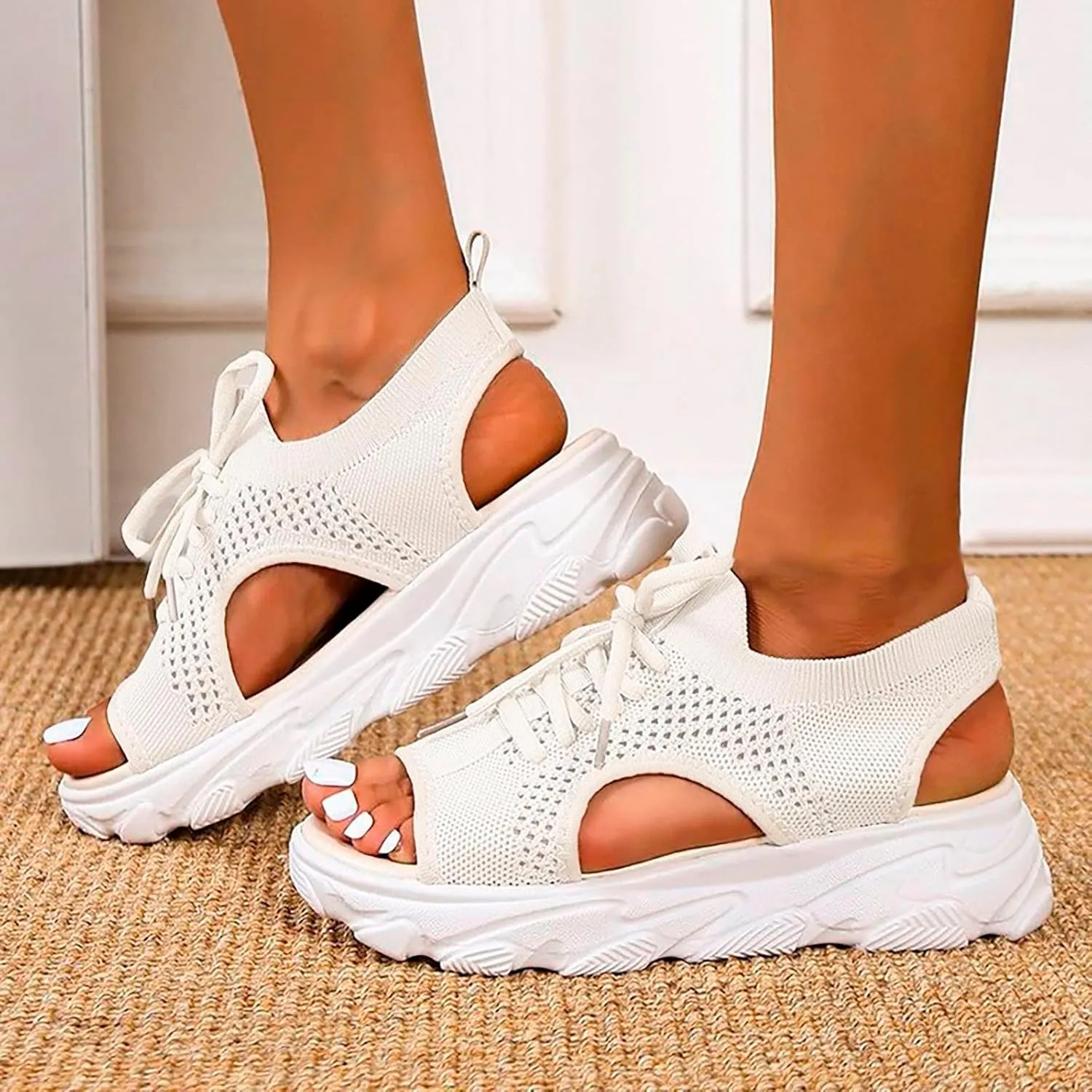 Cathalem Orthopedic Wedge Sandals for Women Summer Dressy Women Sandals Mesh Casual Thick Soled Lace Up Sandals Outdoor Shoes
