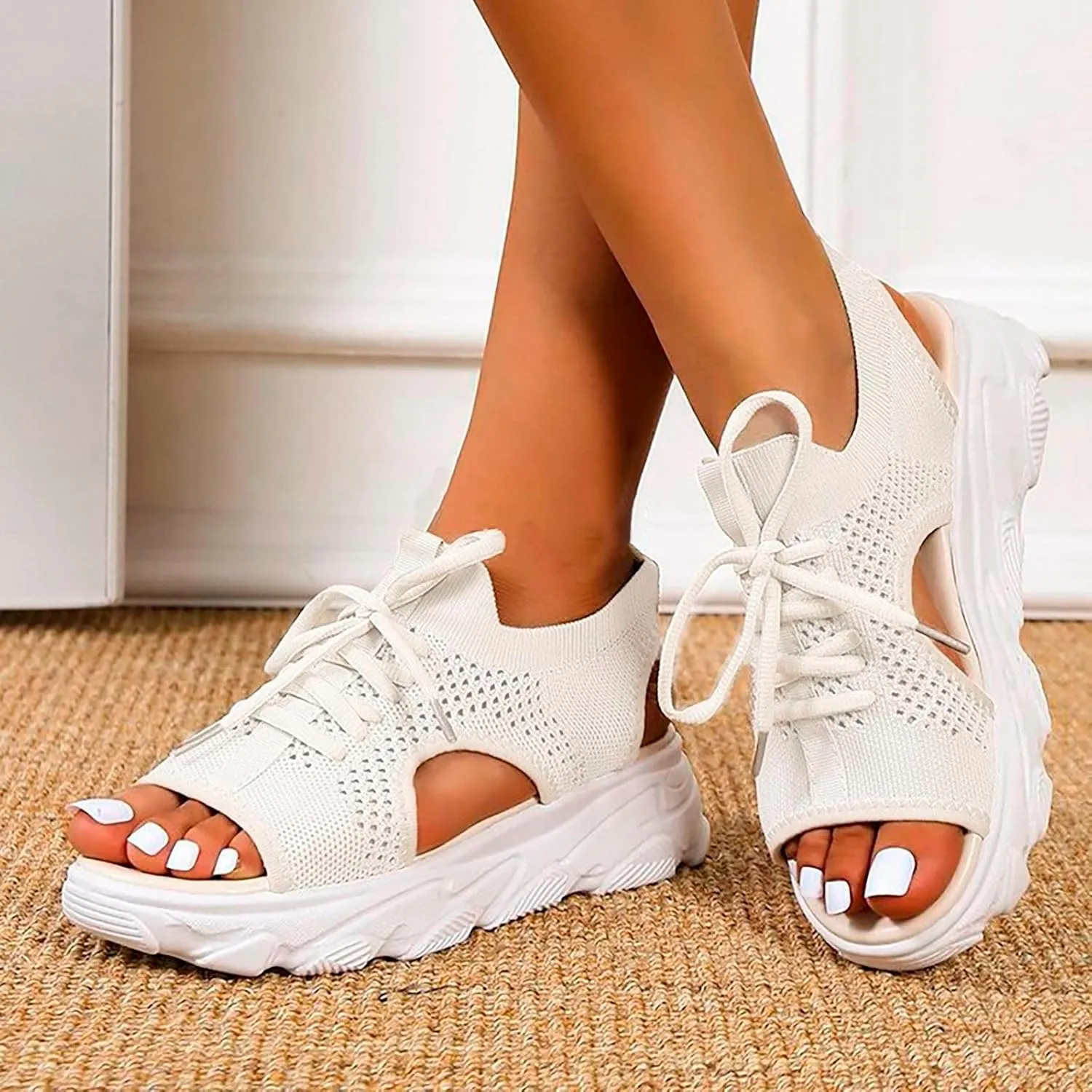 Cathalem Orthopedic Wedge Sandals for Women Summer Dressy Women Sandals Mesh Casual Thick Soled Lace Up Sandals Outdoor Shoes