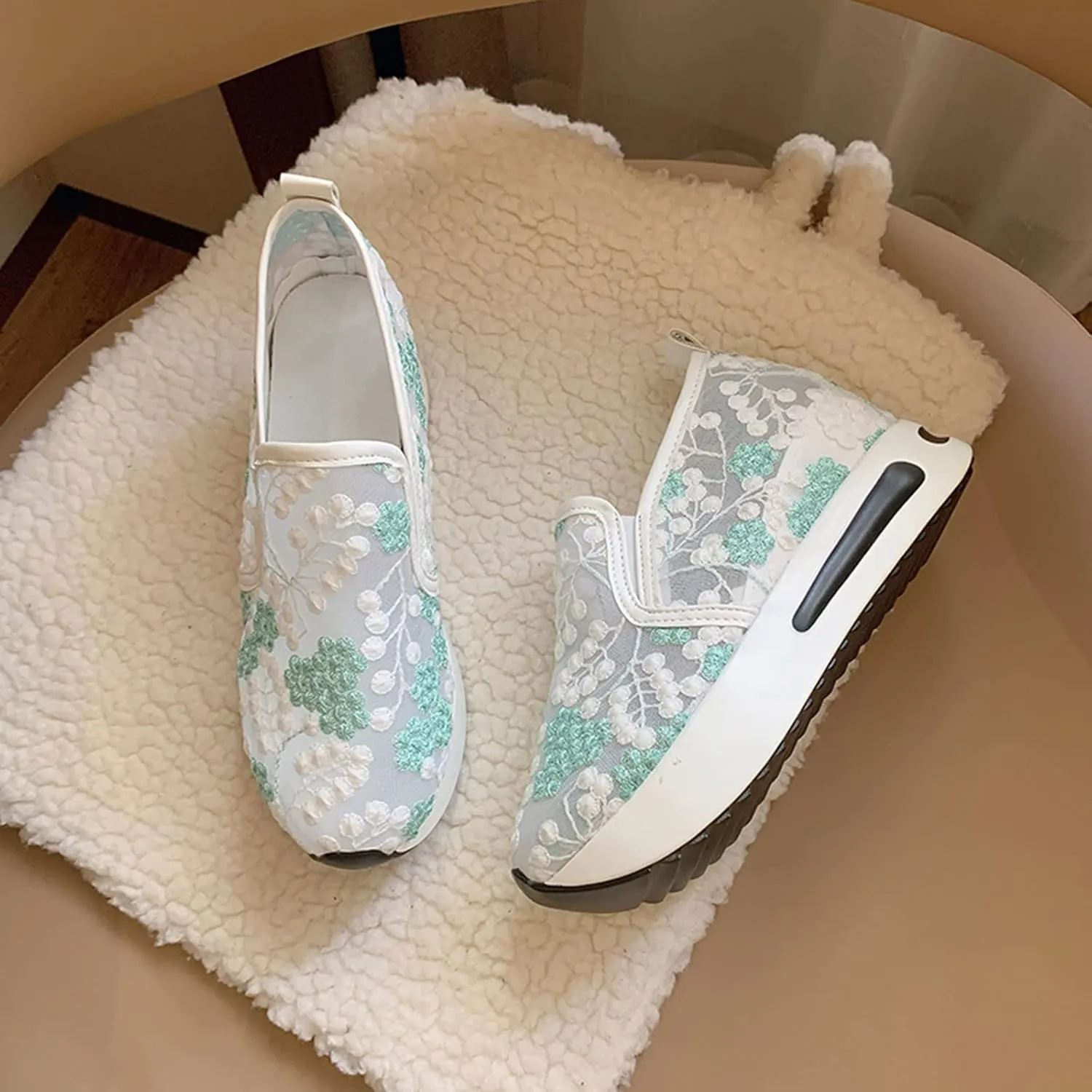 Cathalem Platform Wedge Floral Sneakers Mesh Shoes for Women Fashion Breathable Slip On Walking Shoes Comfort Work Shoes