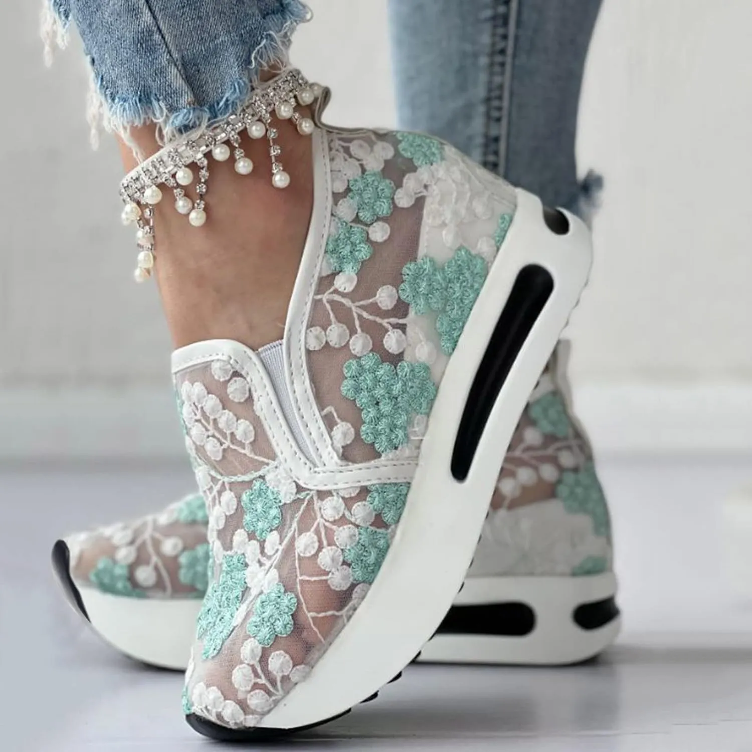 Cathalem Platform Wedge Floral Sneakers Mesh Shoes for Women Fashion Breathable Slip On Walking Shoes Comfort Work Shoes