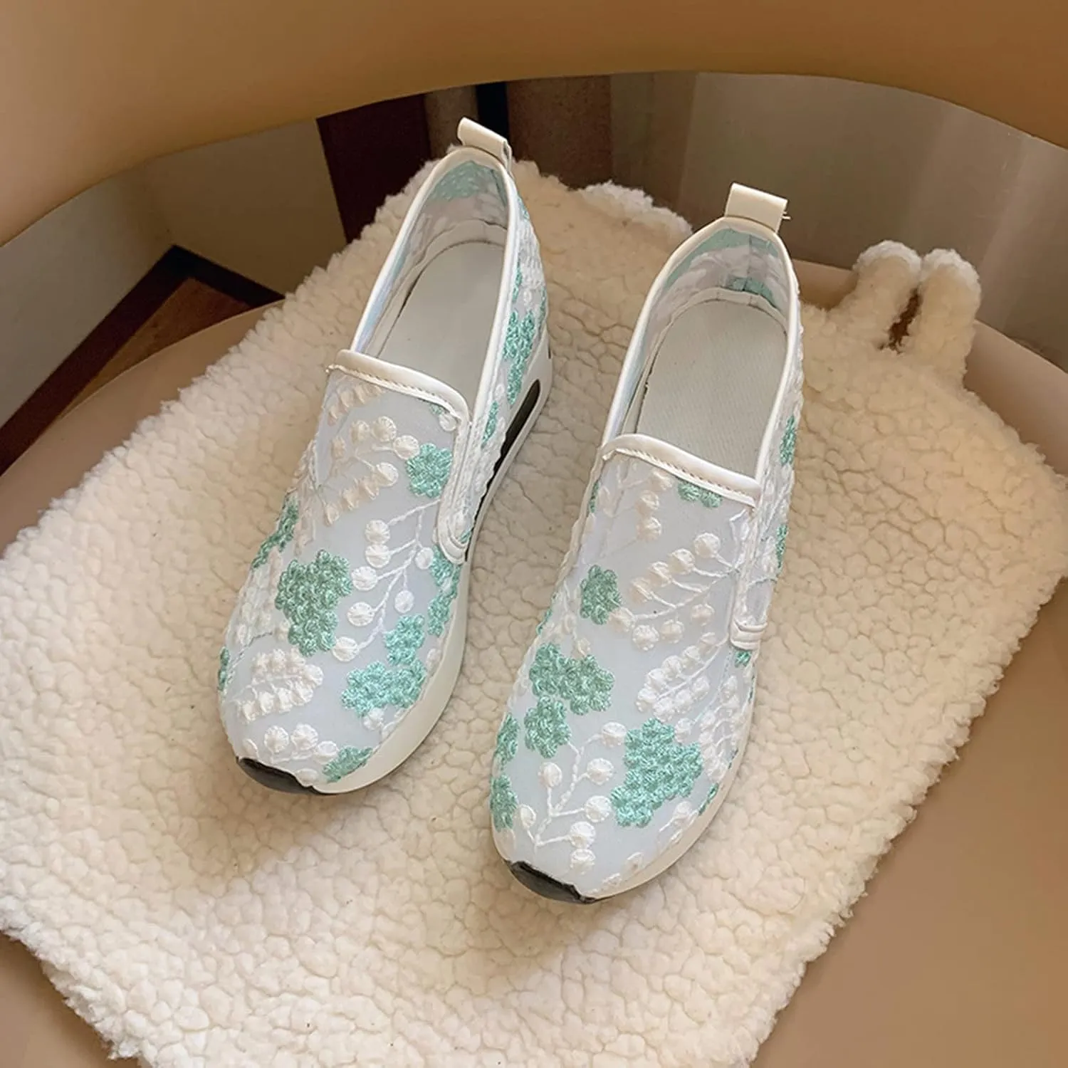 Cathalem Platform Wedge Floral Sneakers Mesh Shoes for Women Fashion Breathable Slip On Walking Shoes Comfort Work Shoes