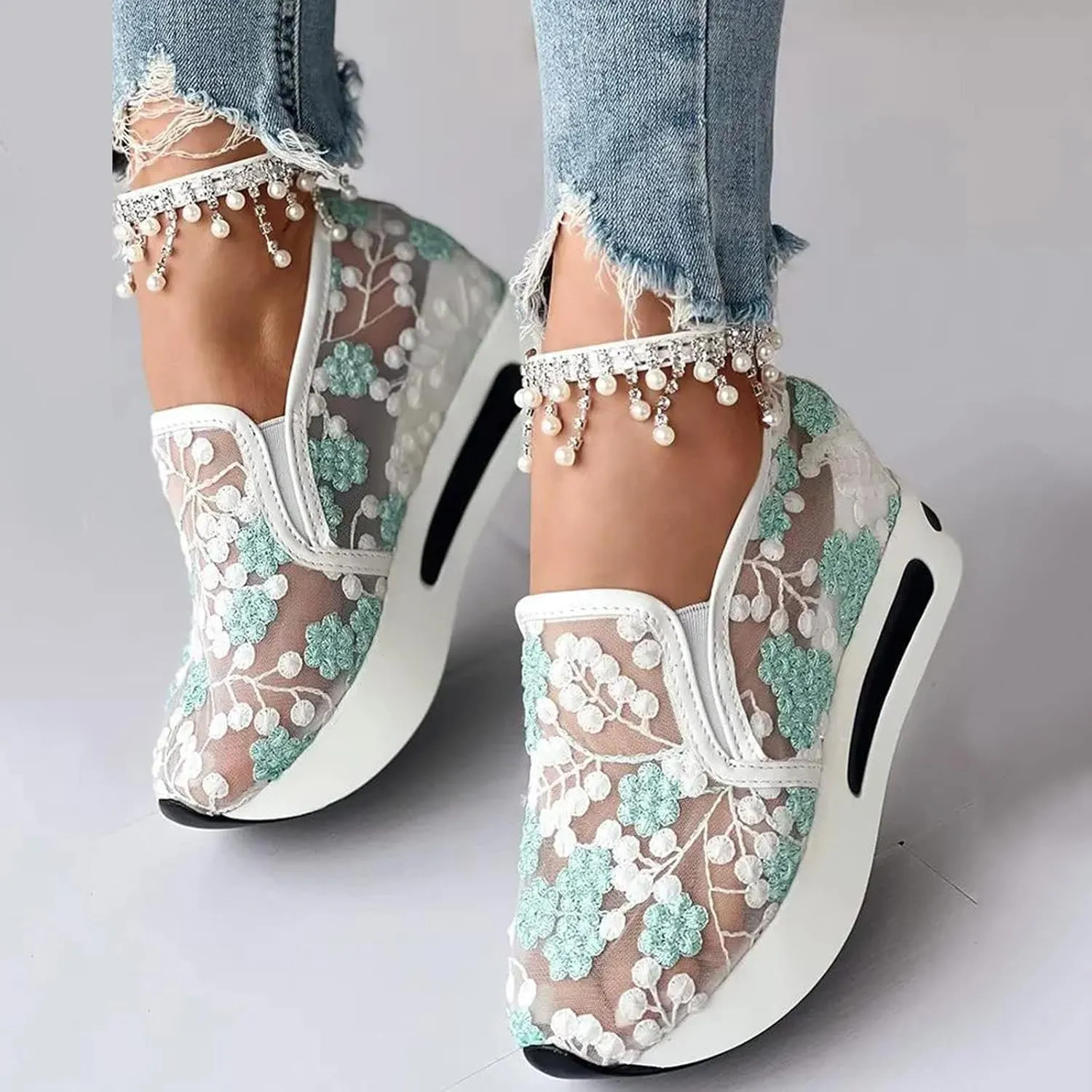 Cathalem Platform Wedge Floral Sneakers Mesh Shoes for Women Fashion Breathable Slip On Walking Shoes Comfort Work Shoes