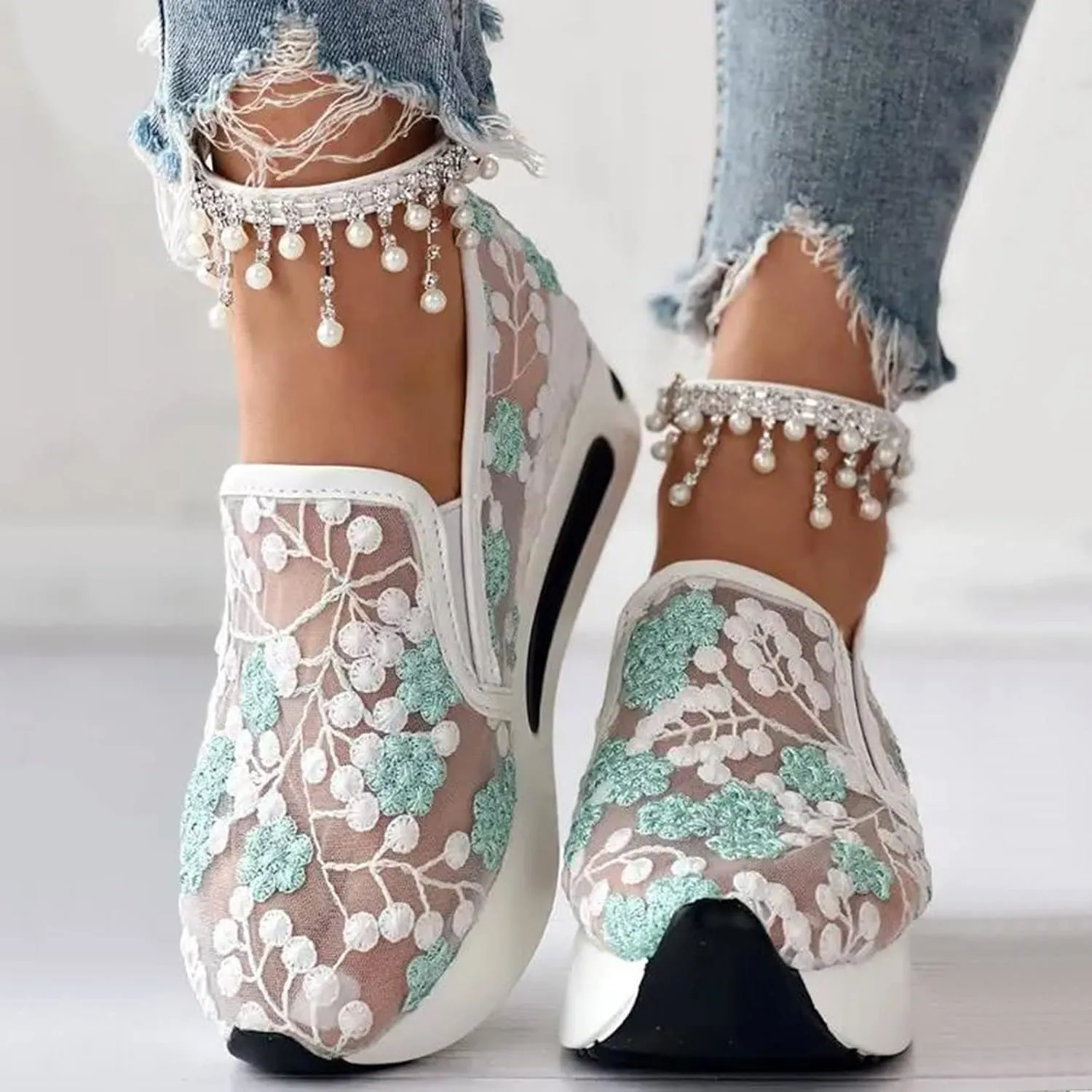 Cathalem Platform Wedge Floral Sneakers Mesh Shoes for Women Fashion Breathable Slip On Walking Shoes Comfort Work Shoes