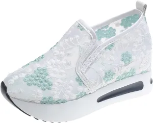 Cathalem Platform Wedge Floral Sneakers Mesh Shoes for Women Fashion Breathable Slip On Walking Shoes Comfort Work Shoes