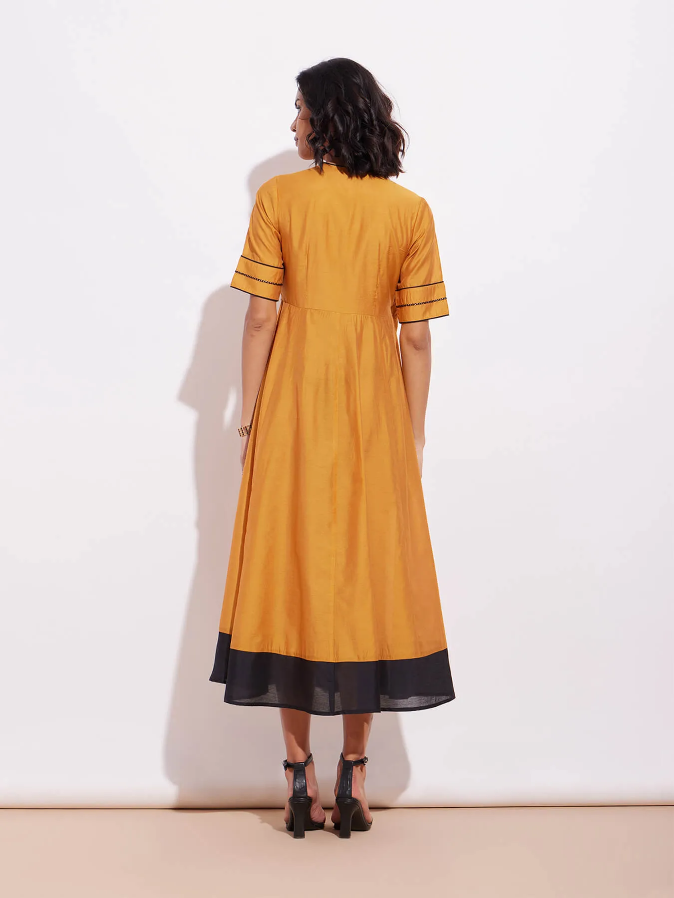 Chanderi Colourblock Wrap Dress- Mustard & Black