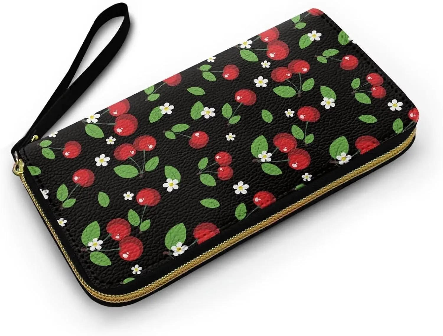 Cherry Wallets for Women Zipper Long Wallet Clutch with Zipper Coin Pocket, Red Cherry Pattern Ladies Long Purse Credit Card Holder, Black