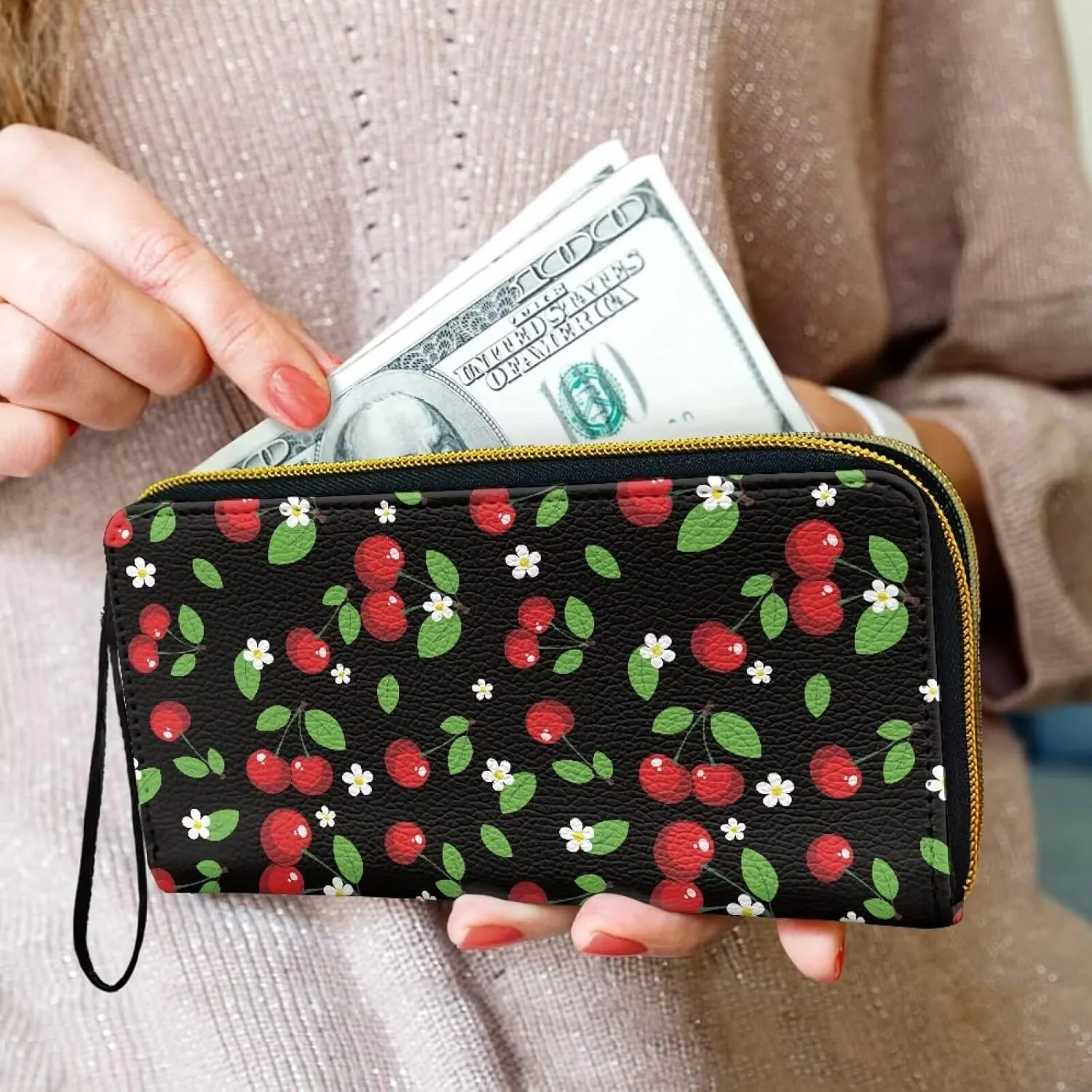 Cherry Wallets for Women Zipper Long Wallet Clutch with Zipper Coin Pocket, Red Cherry Pattern Ladies Long Purse Credit Card Holder, Black