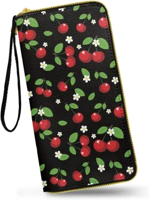 Cherry Wallets for Women Zipper Long Wallet Clutch with Zipper Coin Pocket, Red Cherry Pattern Ladies Long Purse Credit Card Holder, Black