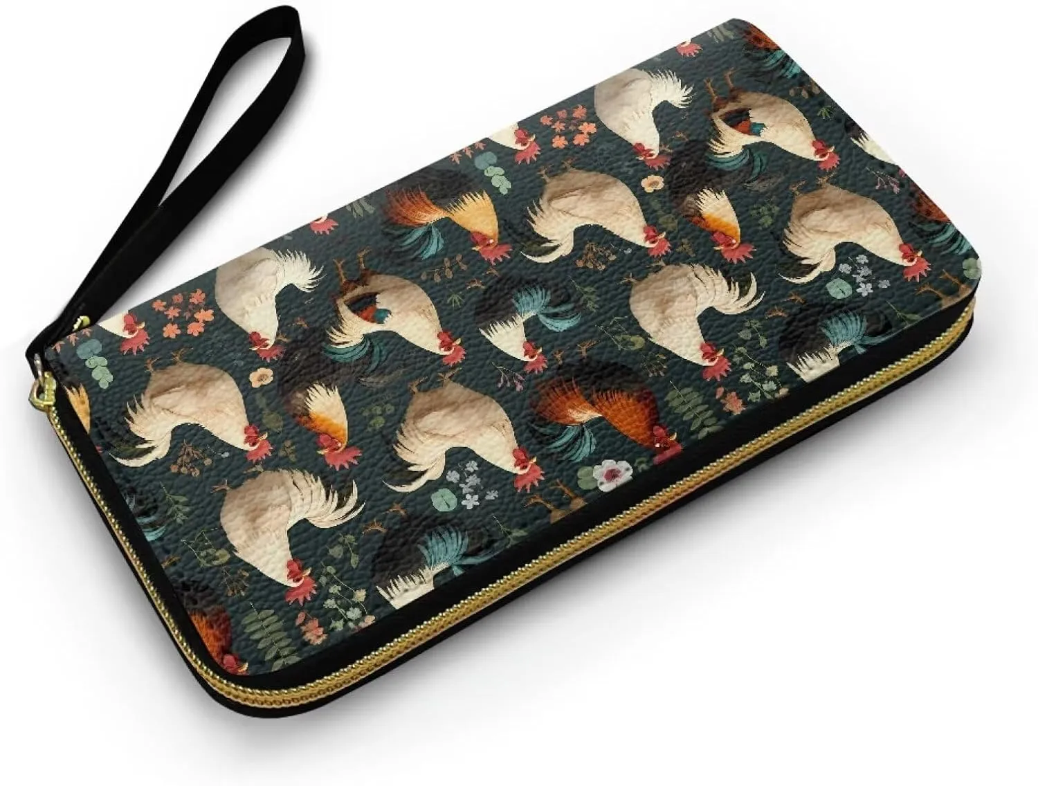 Chicken Rooster Slim Wallets PU Leather Billfold Wallet for Women, Retro Chickens Flowers Cards Holder Organizer Purse Handbags, Zipper Pocket for Coins