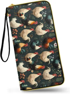 Chicken Rooster Slim Wallets PU Leather Billfold Wallet for Women, Retro Chickens Flowers Cards Holder Organizer Purse Handbags, Zipper Pocket for Coins