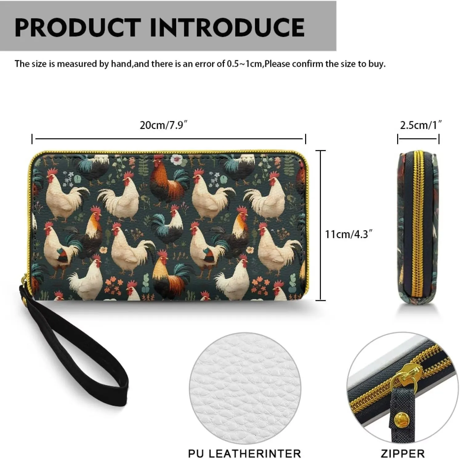 Chicken Rooster Slim Wallets PU Leather Billfold Wallet for Women, Retro Chickens Flowers Cards Holder Organizer Purse Handbags, Zipper Pocket for Coins