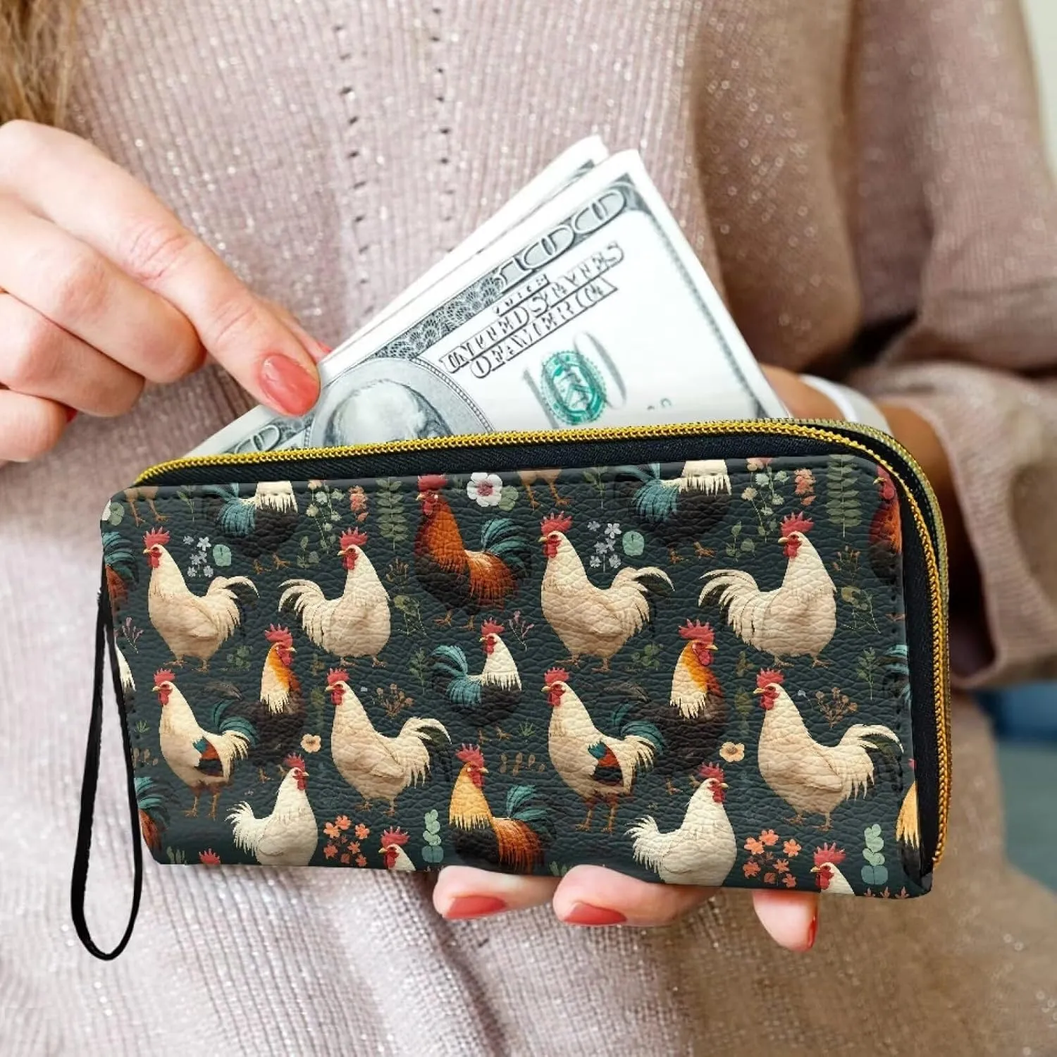 Chicken Rooster Slim Wallets PU Leather Billfold Wallet for Women, Retro Chickens Flowers Cards Holder Organizer Purse Handbags, Zipper Pocket for Coins