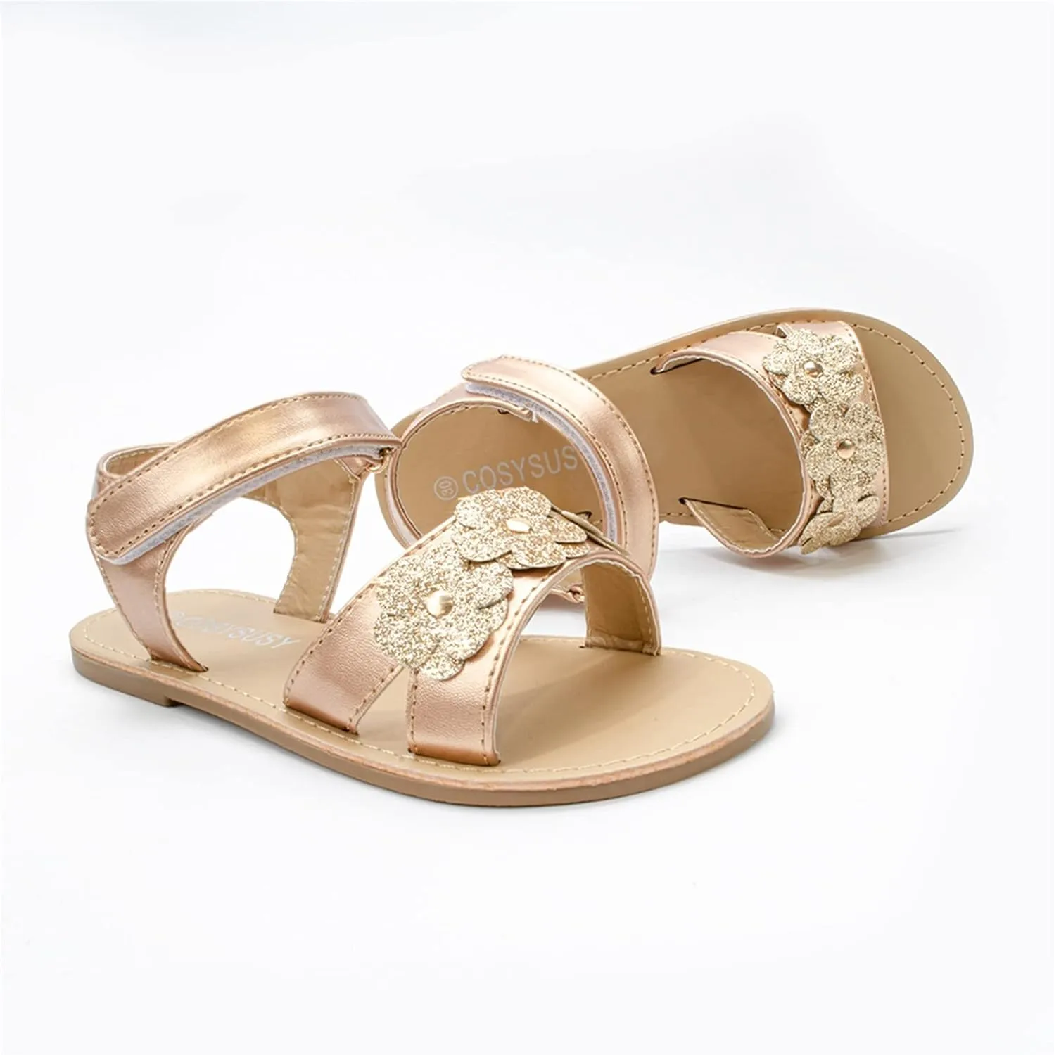 Children Flat Sandals Flower Beach Shoes Little Girls Sandals Rubber Sole Princess Dress Flat Little Kid/Big Kid (Rose Gold, 3.5-4 Years Toddler)