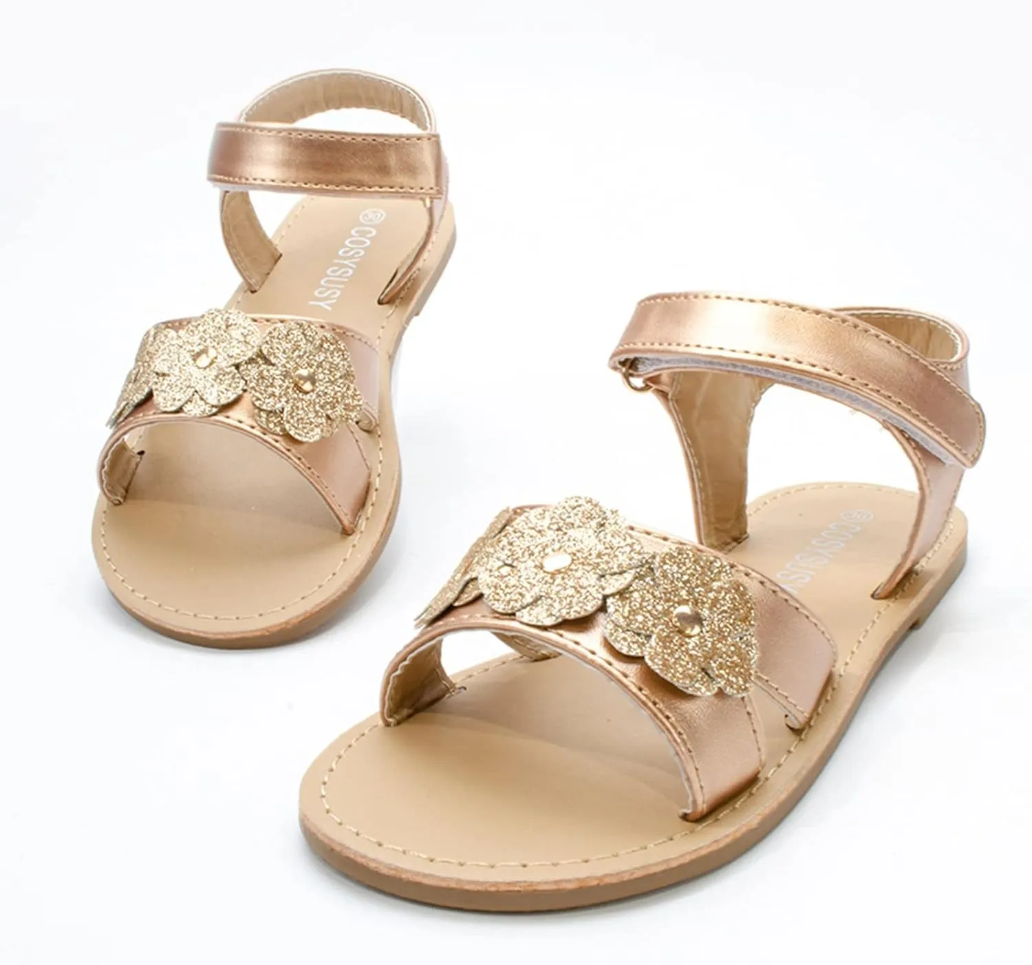 Children Flat Sandals Flower Beach Shoes Little Girls Sandals Rubber Sole Princess Dress Flat Little Kid/Big Kid (Rose Gold, 3.5-4 Years Toddler)