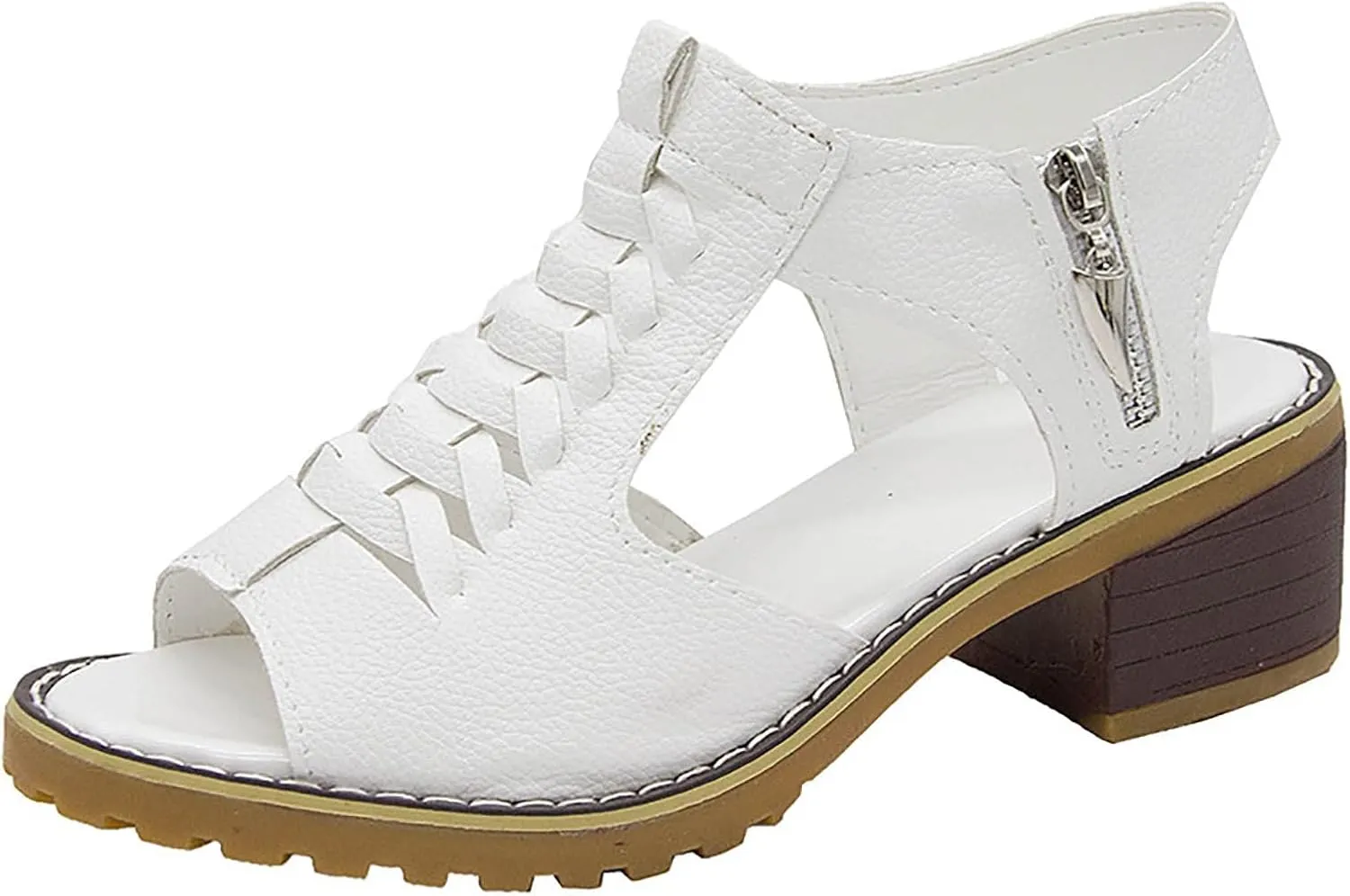 Chunky Heel Sandals for Women Low Heel Slingback Open Toe Sandals Hollow Round Head Side Zipper Sandal Comfortable Breathable Lightweight Going Out Shoes Elegant Wedding Work Fashion Sandal