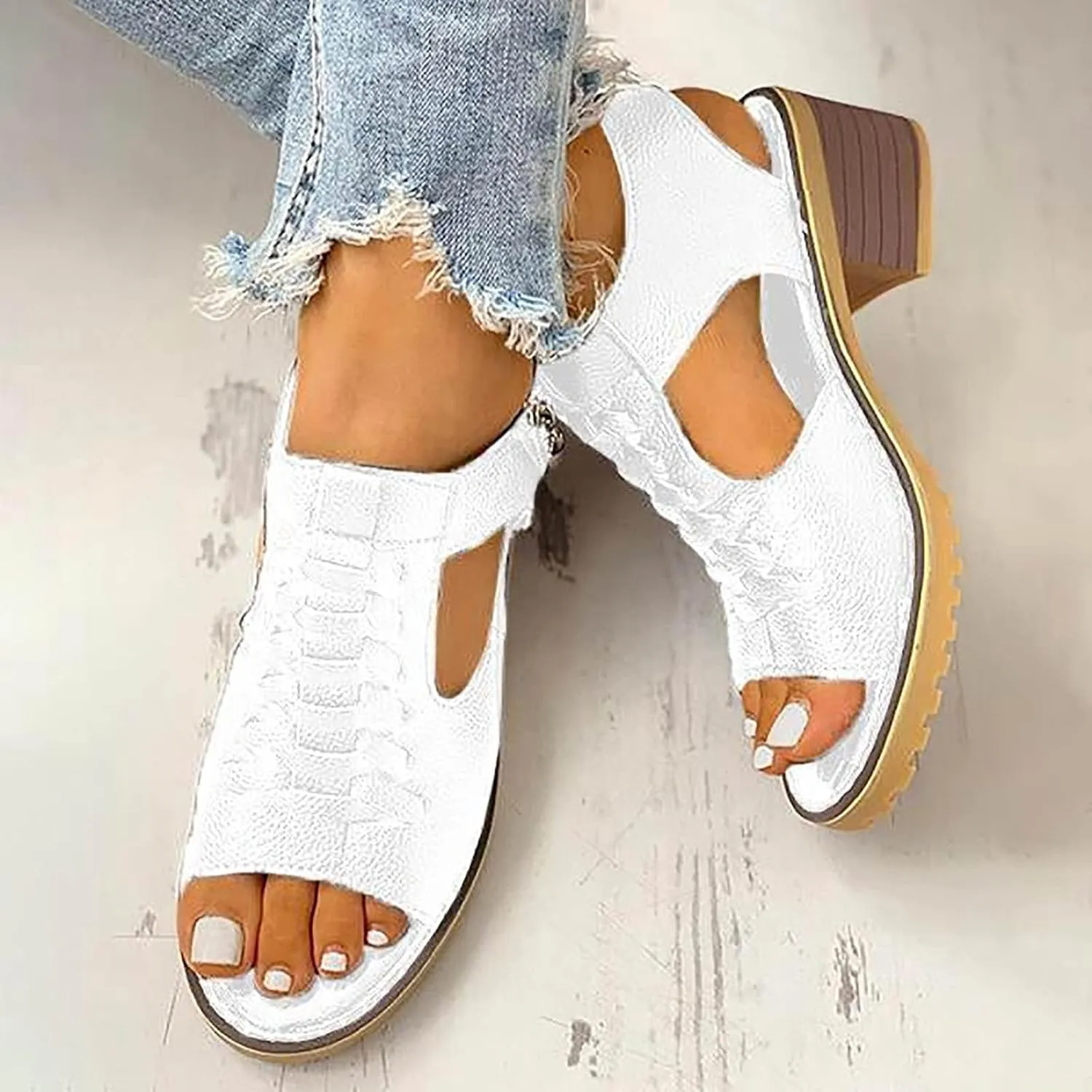 Chunky Heel Sandals for Women Low Heel Slingback Open Toe Sandals Hollow Round Head Side Zipper Sandal Comfortable Breathable Lightweight Going Out Shoes Elegant Wedding Work Fashion Sandal