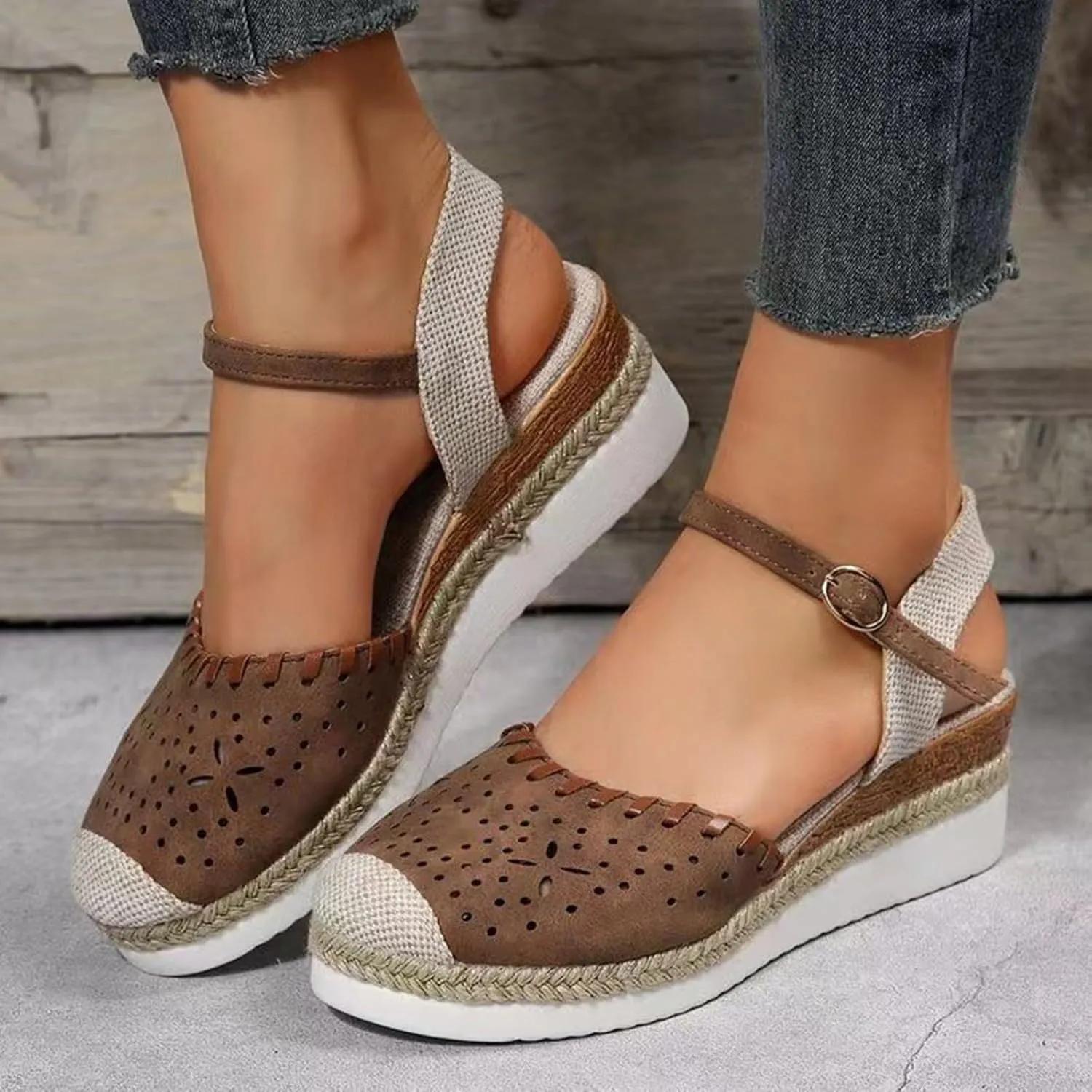Closed Toe Wedges for Women Ankle Strap Espadrilles Sandal with Arch Support Comfortable Wide Width Orthopedic Sandals Summer Dressy Slip On Shoes
