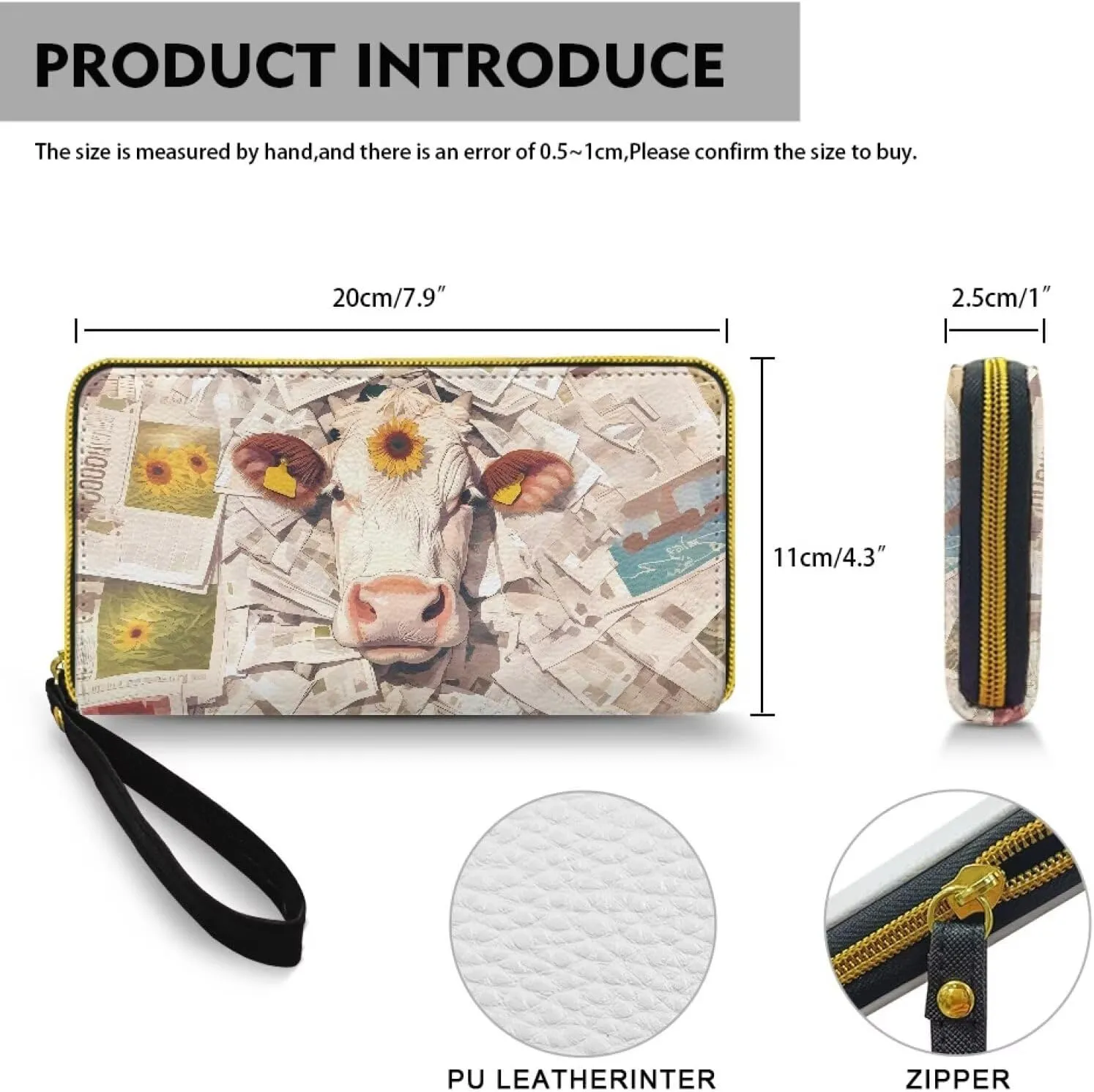 Collage Art Newspaper Women's Leather Zip Around Wallet Large Capacity, Novelty Farm Cattle Slim Billfold Wallets Vegan PU Leather Credit Card Holder Phone Purse, Travel