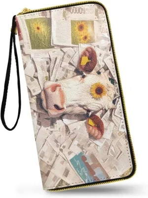 Collage Art Newspaper Women's Leather Zip Around Wallet Large Capacity, Novelty Farm Cattle Slim Billfold Wallets Vegan PU Leather Credit Card Holder Phone Purse, Travel