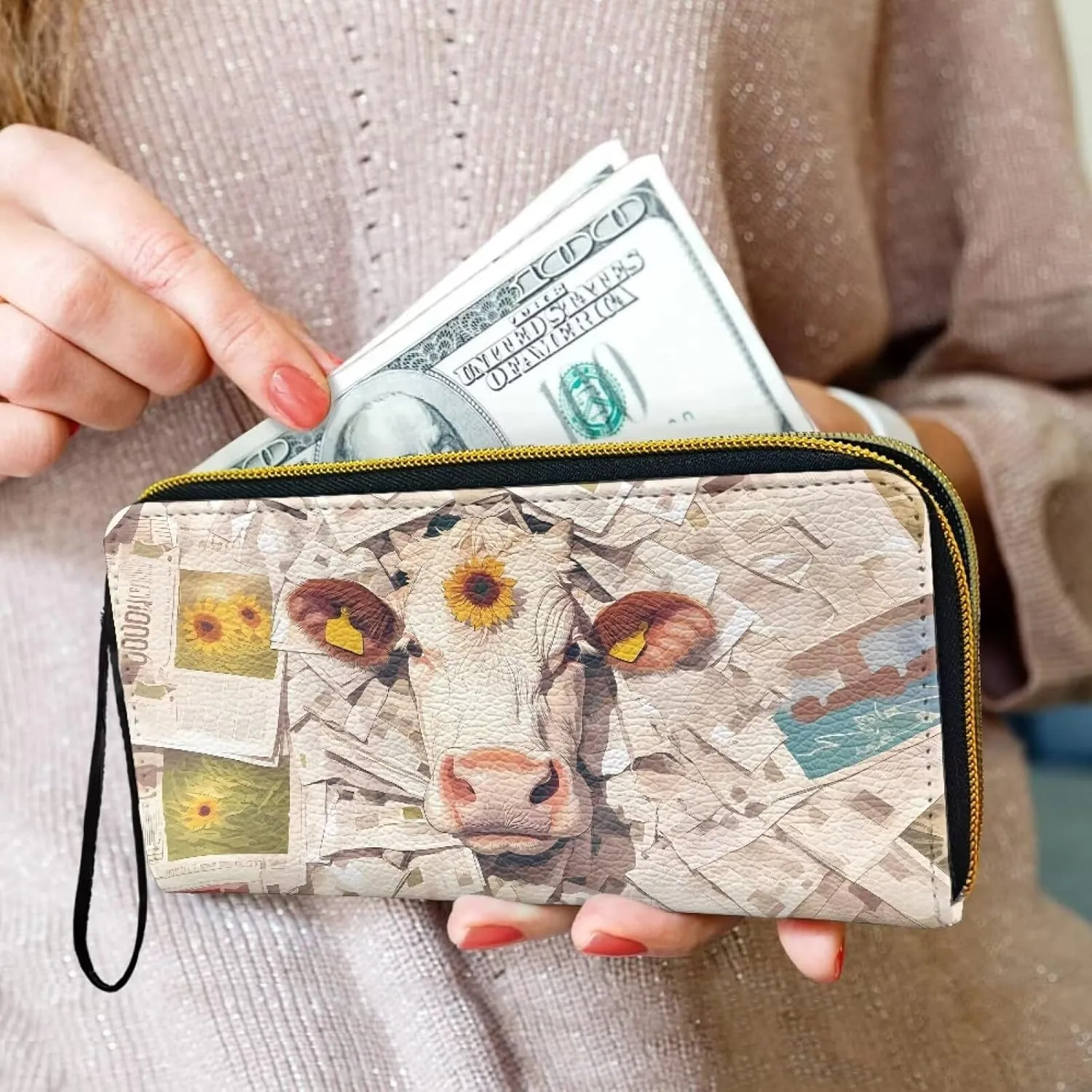Collage Art Newspaper Women's Leather Zip Around Wallet Large Capacity, Novelty Farm Cattle Slim Billfold Wallets Vegan PU Leather Credit Card Holder Phone Purse, Travel