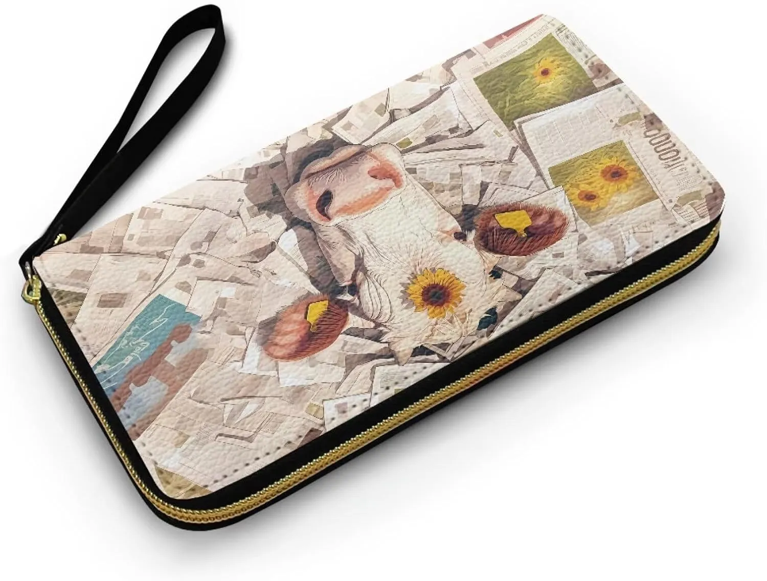 Collage Art Newspaper Women's Leather Zip Around Wallet Large Capacity, Novelty Farm Cattle Slim Billfold Wallets Vegan PU Leather Credit Card Holder Phone Purse, Travel