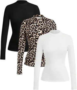 COZYEASE Women's 3 Packs Leopard Basic Tops Mock Neck Long Sleeve T Shirt Slim Fit Base Layer Tees
