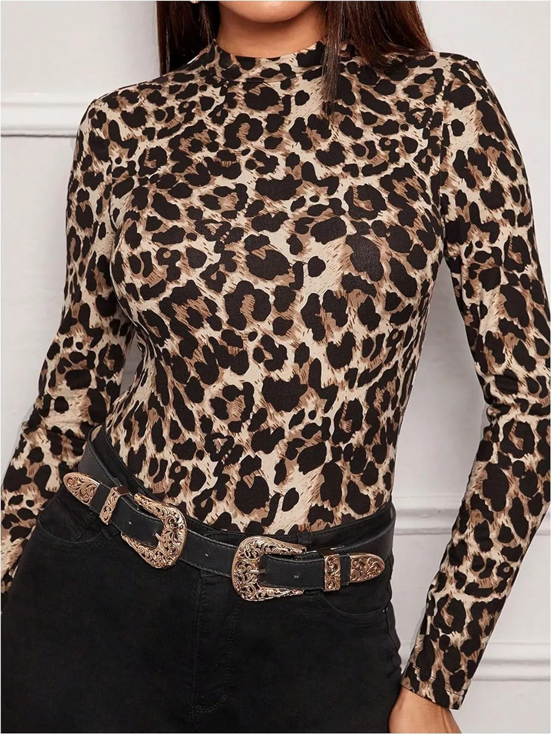 COZYEASE Women's 3 Packs Leopard Basic Tops Mock Neck Long Sleeve T Shirt Slim Fit Base Layer Tees
