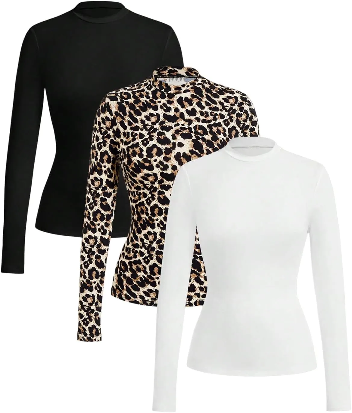 COZYEASE Women's 3 Packs Leopard Basic Tops Mock Neck Long Sleeve T Shirt Slim Fit Base Layer Tees