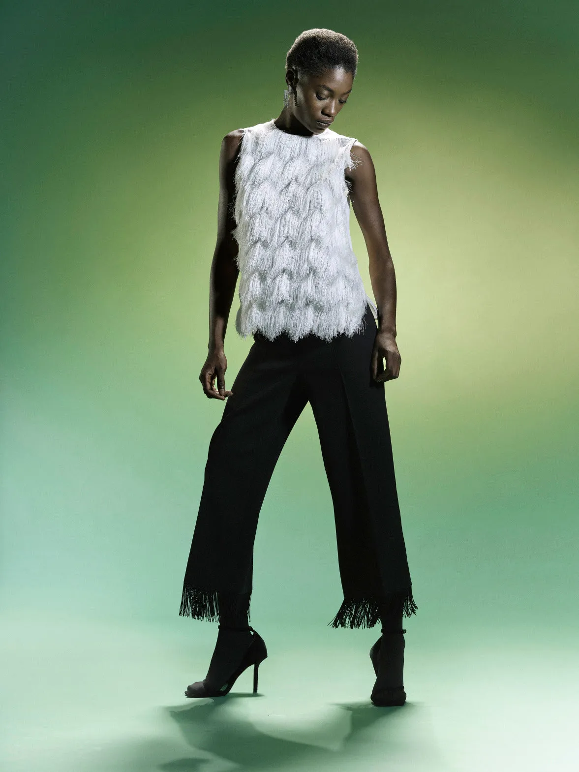 Cropped Wide Wool Stretch Pants with Fringe