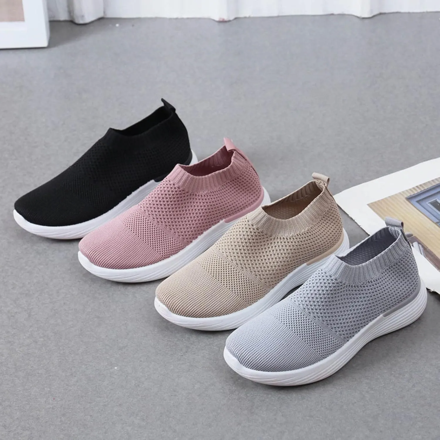 Crzidha Womens Walking Shoes Slip on Sock Sneakers Lady Girls Nurse Mesh Flats Low Heel Loafers Fashion Casual Round Toe Low Top Tennis Shoes Comfortable Workout Gym Running Sneaker