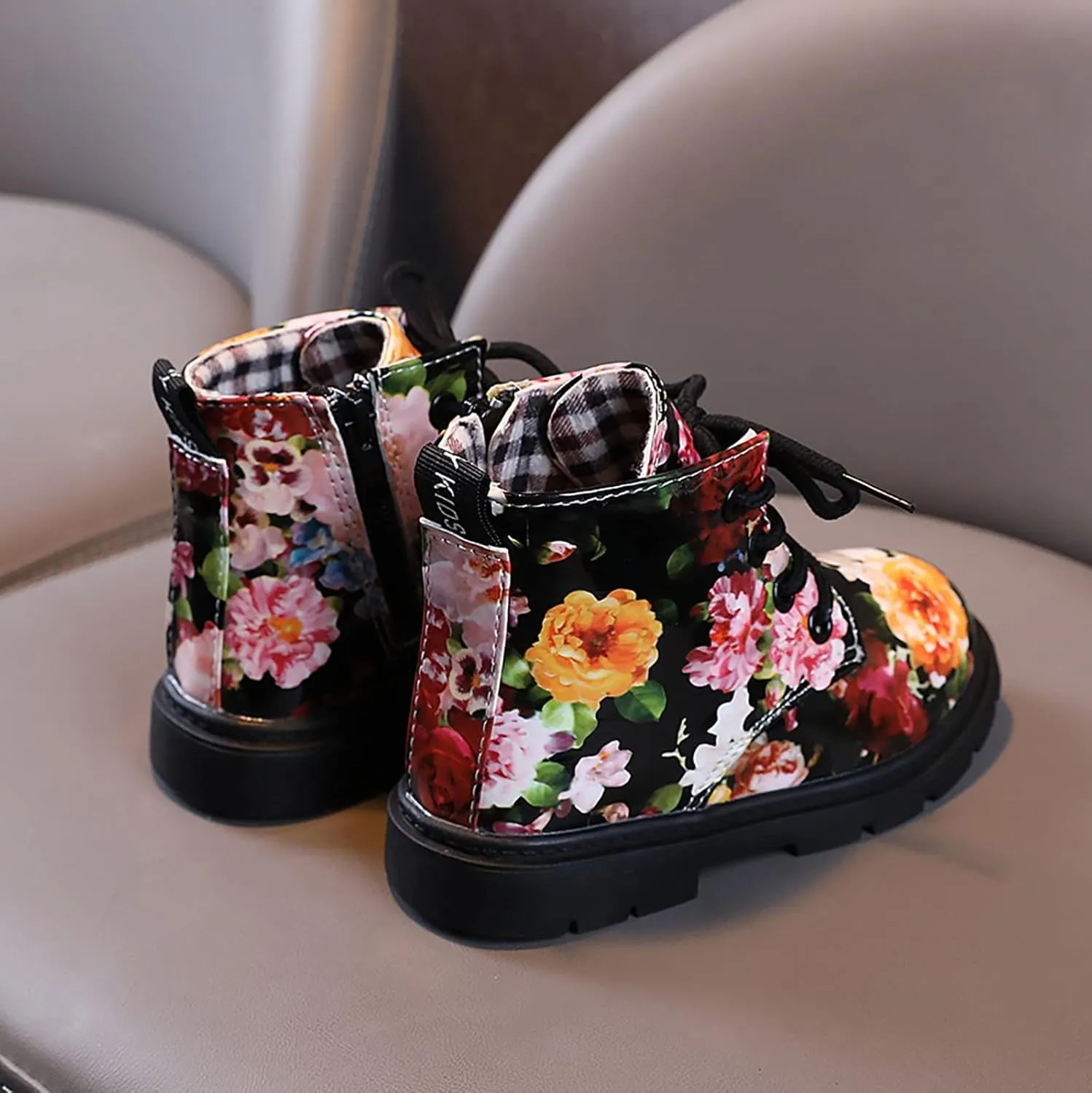 Cute Kids Boots Floral Print Brigh?? Color for Girl Boys L??ce Up Boots W??terpoorf Ankle Boots Side Zipper Booties