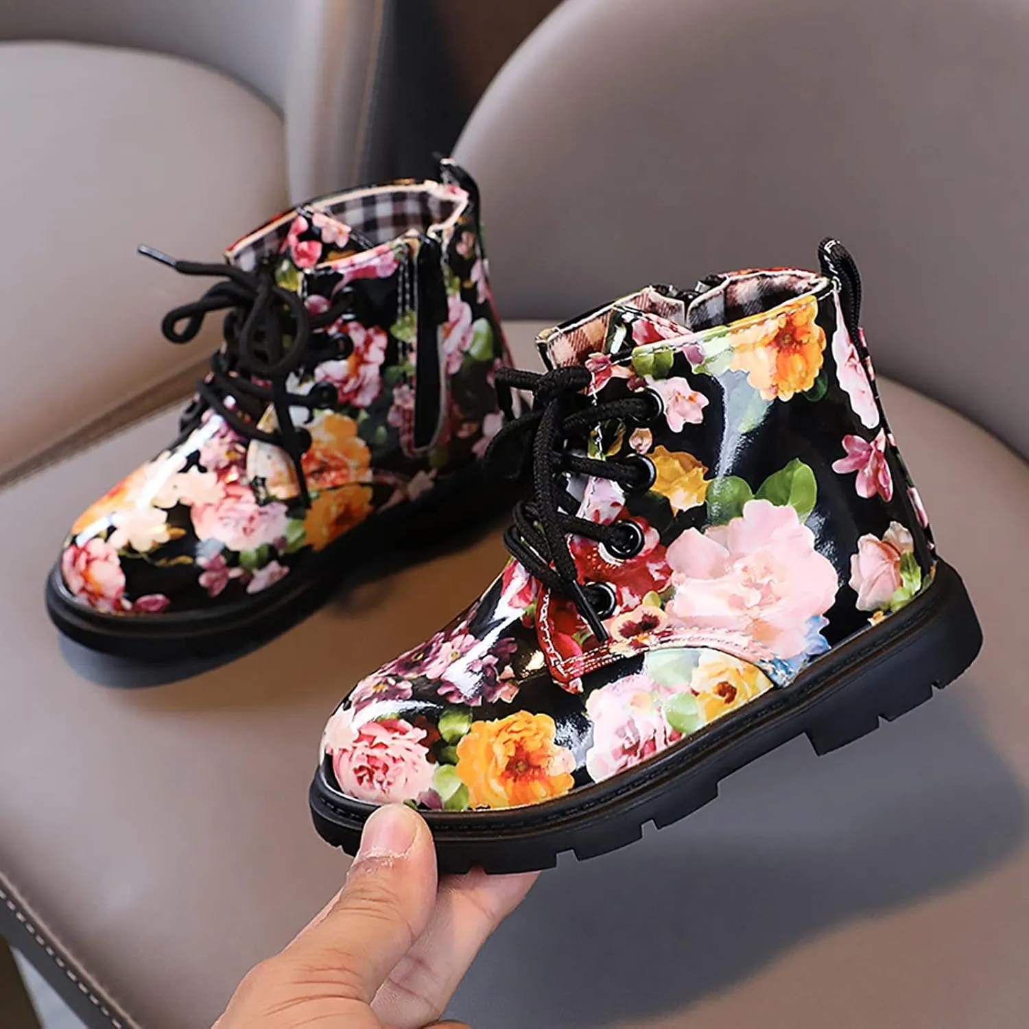 Cute Kids Boots Floral Print Brigh?? Color for Girl Boys L??ce Up Boots W??terpoorf Ankle Boots Side Zipper Booties