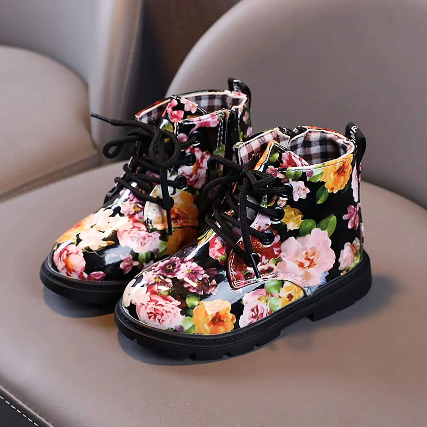 Cute Kids Boots Floral Print Brigh?? Color for Girl Boys L??ce Up Boots W??terpoorf Ankle Boots Side Zipper Booties