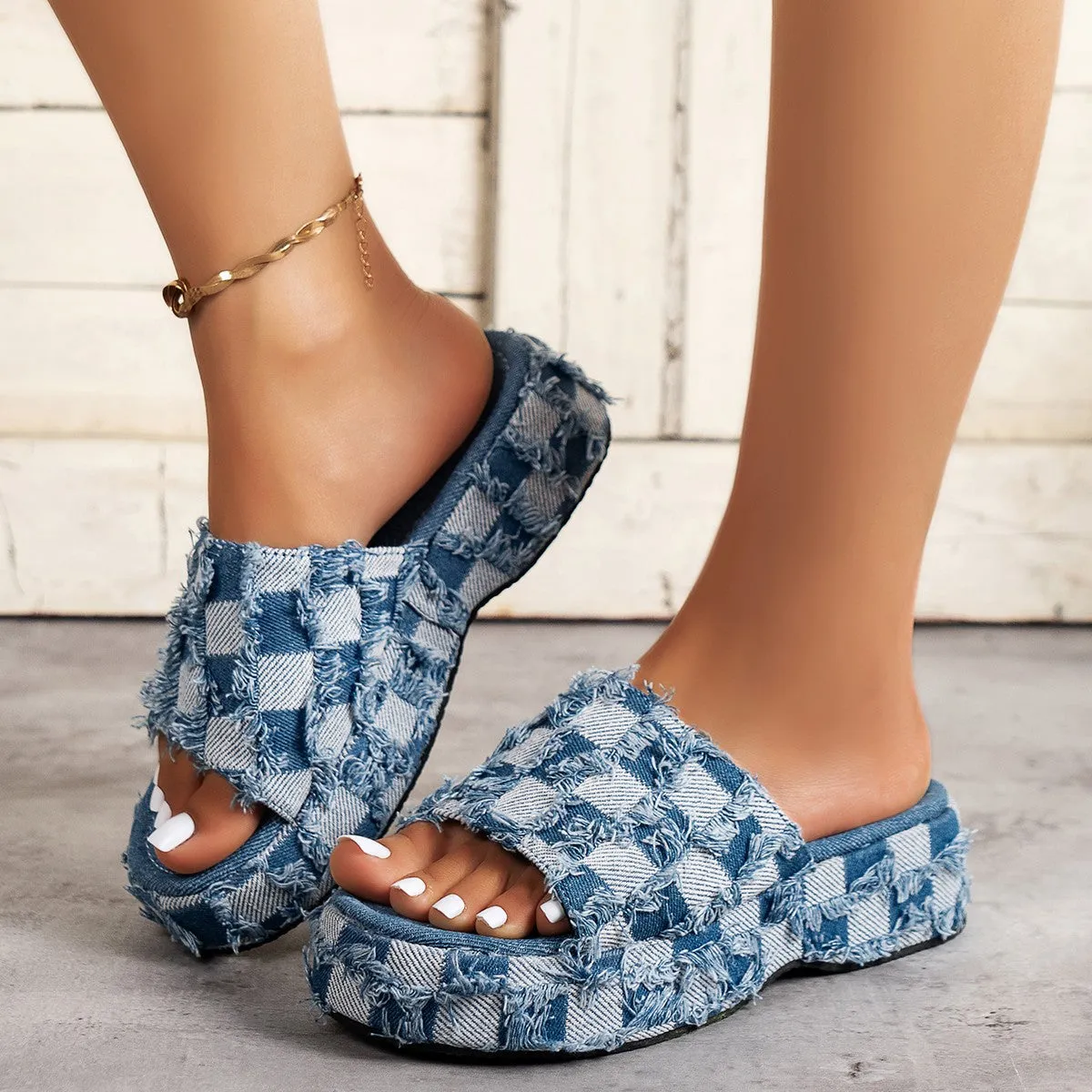 Denim Checkered PU Leather Platform Sandals