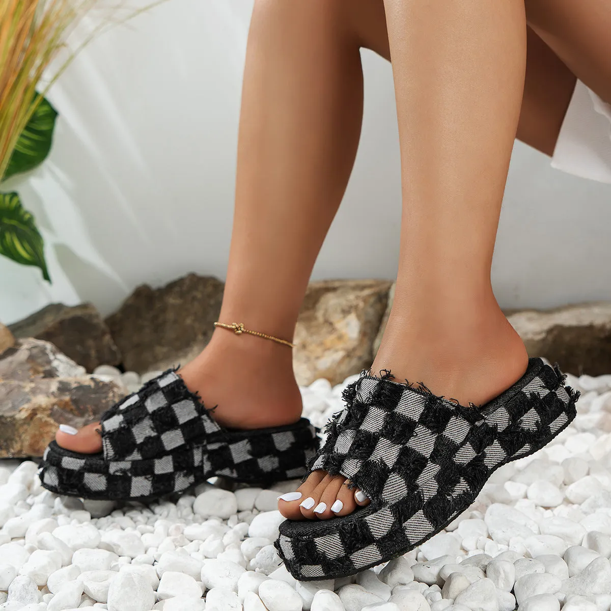 Denim Checkered PU Leather Platform Sandals