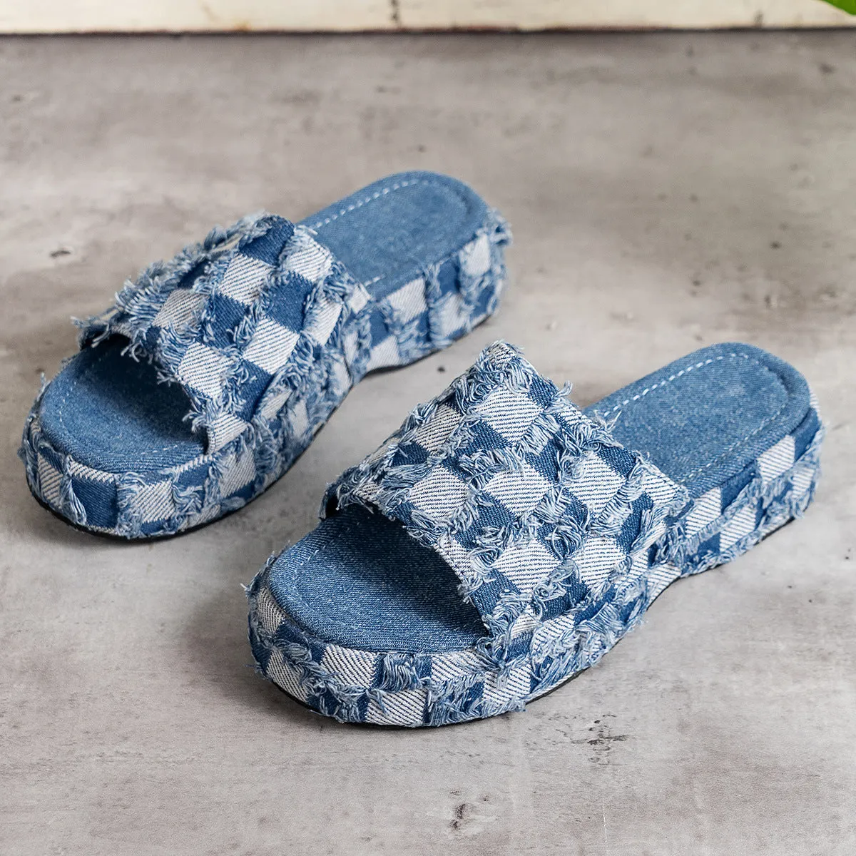 Denim Checkered PU Leather Platform Sandals
