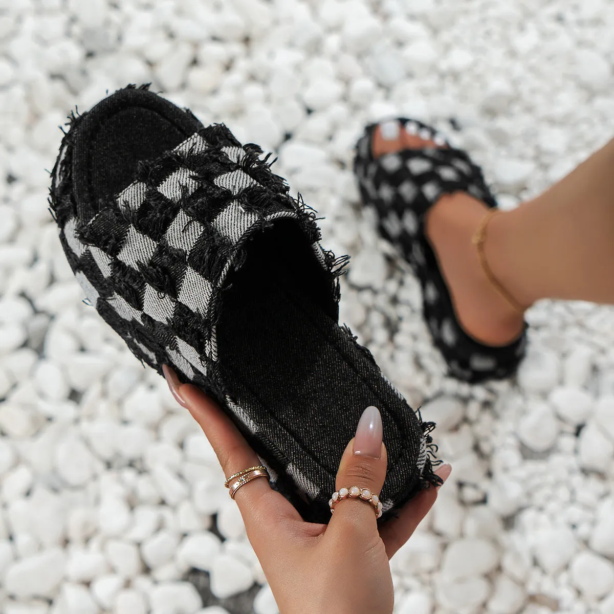 Denim Checkered PU Leather Platform Sandals