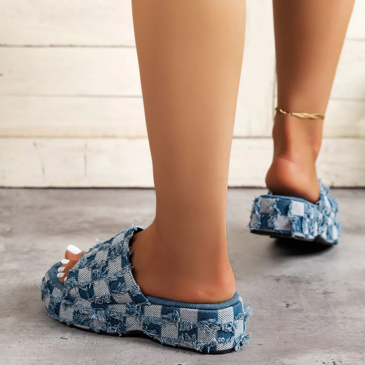 Denim Checkered PU Leather Platform Sandals