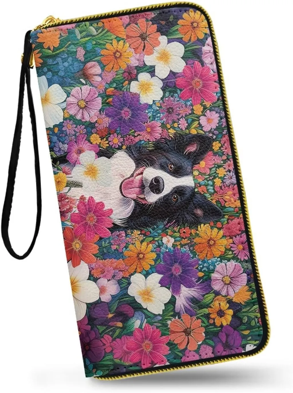 Dog Floral Zipper Wallet for Woman Painting Border Collie Flowers PU Leather Card Holder Organizer, Puppy Dog Printed Ladies Clutch with Wrist Strap Change Pouch