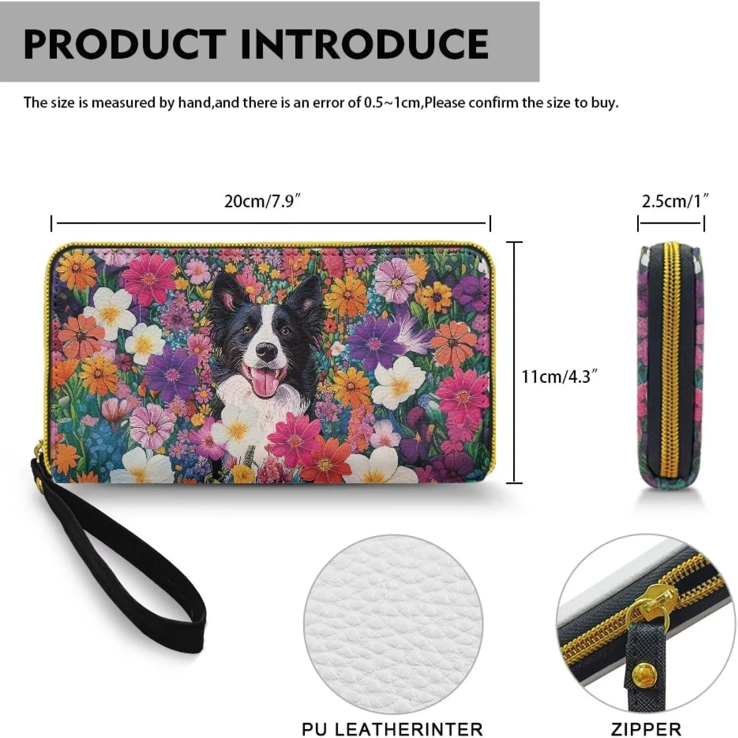 Dog Floral Zipper Wallet for Woman Painting Border Collie Flowers PU Leather Card Holder Organizer, Puppy Dog Printed Ladies Clutch with Wrist Strap Change Pouch