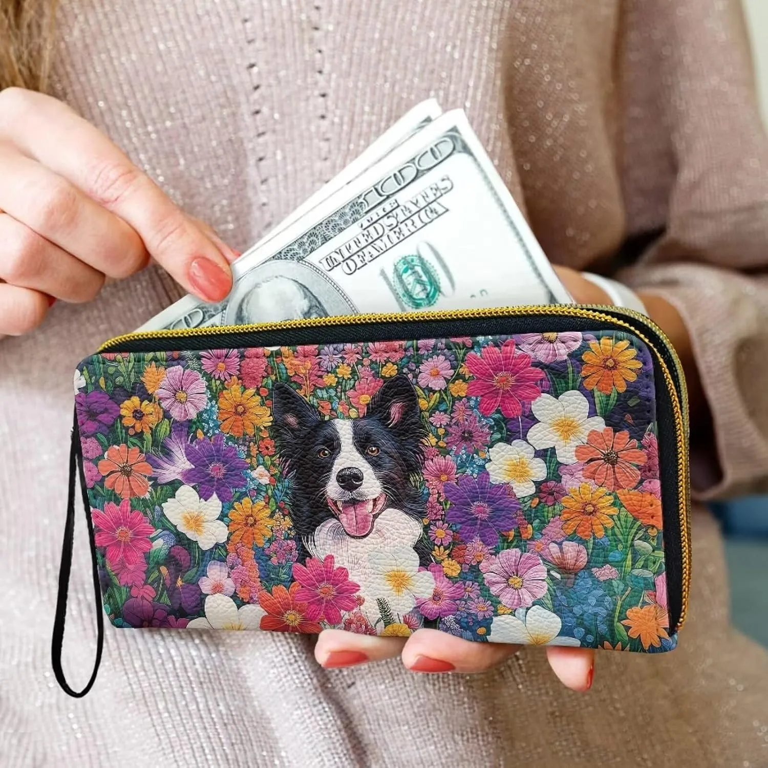 Dog Floral Zipper Wallet for Woman Painting Border Collie Flowers PU Leather Card Holder Organizer, Puppy Dog Printed Ladies Clutch with Wrist Strap Change Pouch