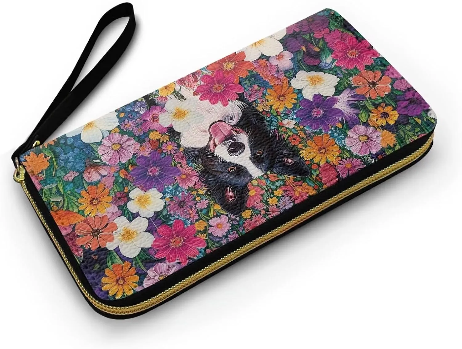 Dog Floral Zipper Wallet for Woman Painting Border Collie Flowers PU Leather Card Holder Organizer, Puppy Dog Printed Ladies Clutch with Wrist Strap Change Pouch
