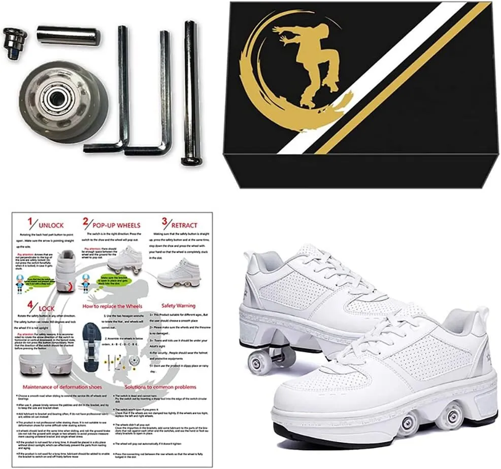 Double-Row Deform Wheel Automatic Walking Shoes Invisible Deformation Roller Skate Male and Female Skating Shoes 2 in 1 Removable Pulley Skate Shoes Recreation Sneakers