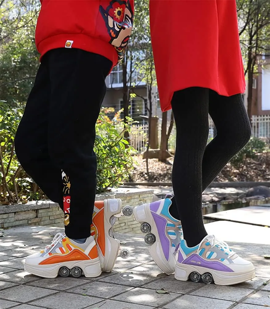 Double-Row Deform Wheel Automatic Walking Shoes Invisible Deformation Roller Skate Male and Female Skating Shoes 2 in 1 Removable Pulley Skate Shoes Recreation Sneakers