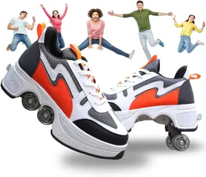 Double-Row Deform Wheel Automatic Walking Shoes Invisible Deformation Roller Skate Male and Female Skating Shoes 2 in 1 Removable Pulley Skate Shoes Recreation Sneakers