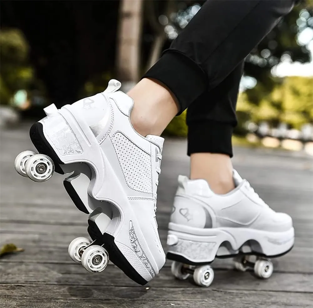 Double-Row Deform Wheel Automatic Walking Shoes Invisible Deformation Roller Skate Male and Female Skating Shoes 2 in 1 Removable Pulley Skate Shoes Recreation Sneakers