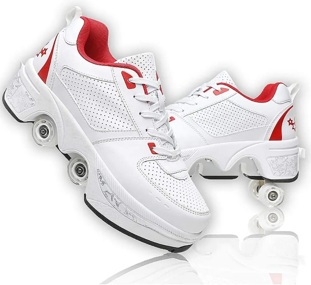 Double-Row Deform Wheel Automatic Walking Shoes Invisible Deformation Roller Skate Male and Female Skating Shoes 2 in 1 Removable Pulley Skate Shoes Recreation Sneakers